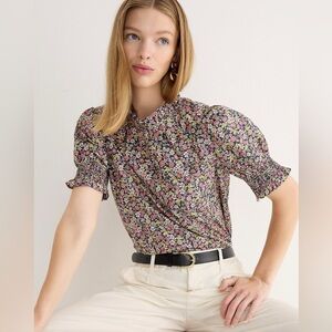 J. Crew Meadow Floral Short Smocked Puff Sleeve Cotton Poplin Top Women's XL